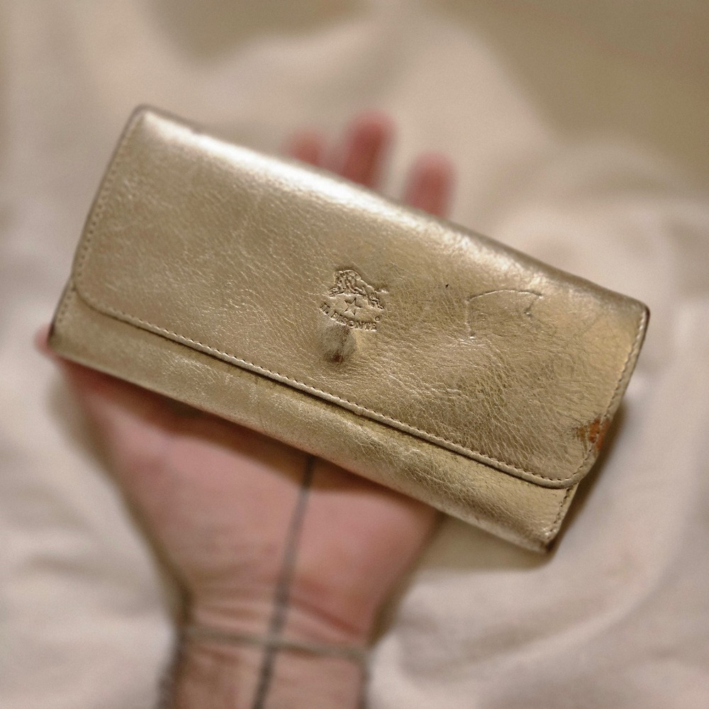 Il Bisonte Leather Wallet Trifold Metallic Gold Womens Snap Zip Pocket Italy Bag